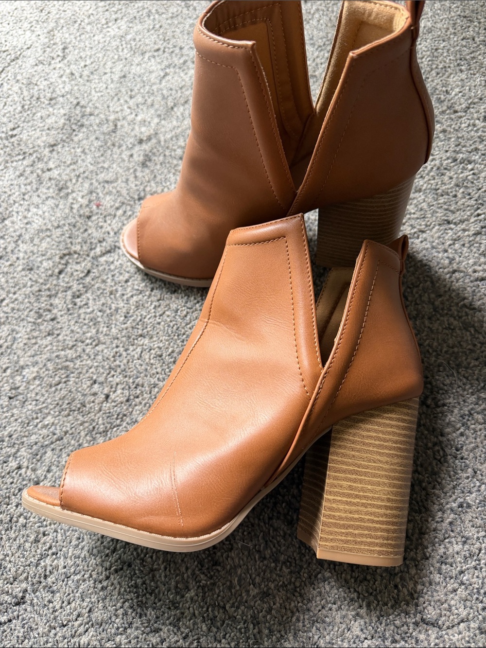 Pink Lily Tan Open-Toe Stacked Block Heel Ankle Boots